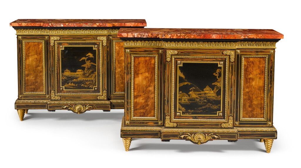 View full screen - View 1 of Lot 179. A pair of Louis XIV style gilt-bronze mounted calamander and hardwood breakfront side cabinets, English, last quarter 19th century.