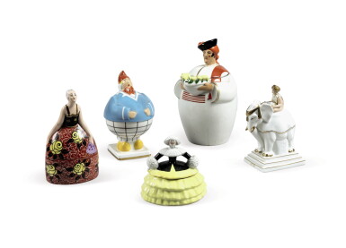 View full screen - View 1 of Lot 341. Three anthropomorphic covered bowls, a teapot and an elephant, circa 1930.