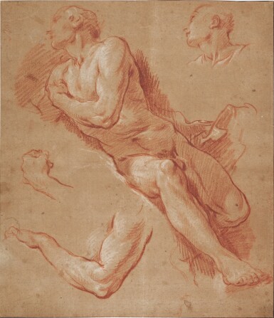 View full screen - View 1 of Lot 41. Study of a reclining male nude reclining, with subsidiary studies of his head, arm and hand.