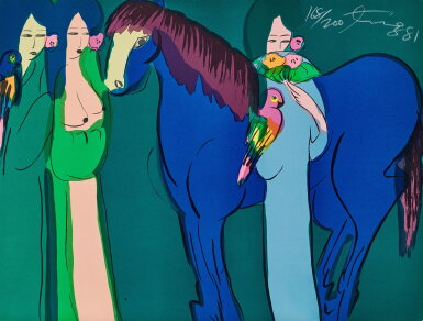 View full screen - View 1 of Lot 561. Walasse Ting 丁雄泉 | Three ladies with blue horse 三美與藍馬.