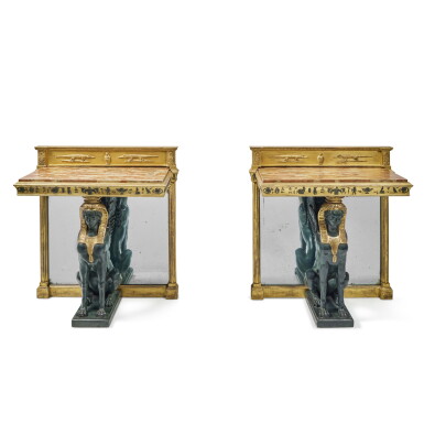 View full screen - View 1 of Lot 91. A Pair of Regency Egyptian Revival Gilt and Ebonised Wood and Bronze-Painted and Parcel Gilt Plaster Pier Tables, probably by Peter Francis Chenu, Circa 1805.