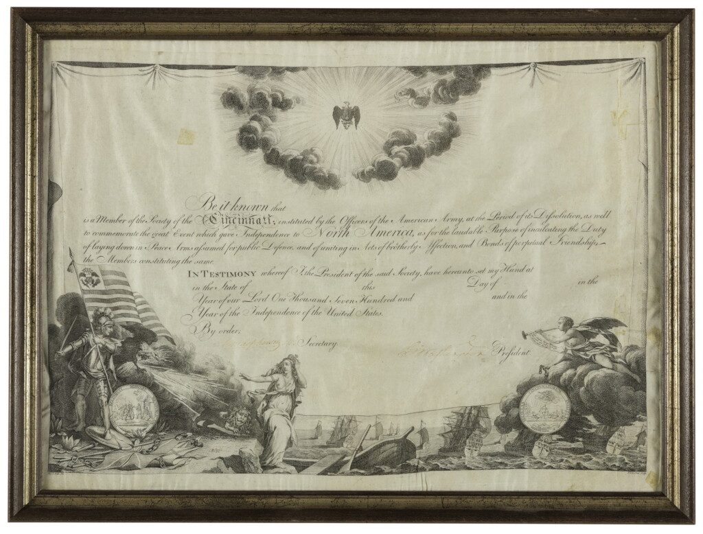 View full screen - View 1 of Lot 163. WASHINGTON, GEORGE | Document signed ("Go: Washington") as President of the Society of the Cincinnati, being an unaccomplished membership certificate.