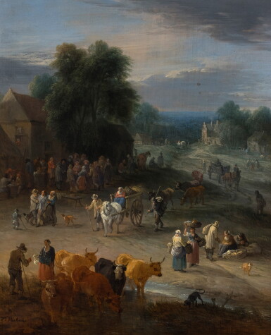 View full screen - View 1 of Lot 345. View of a village with peasants and cattle.