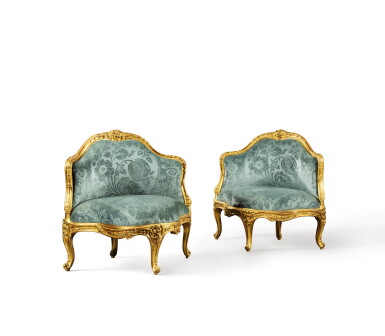View full screen - View 1 of Lot 190. A pair of Louis XV carved giltwood fauteuils d'encoignure, by Nicolas Quinibert Foliot (regilt).