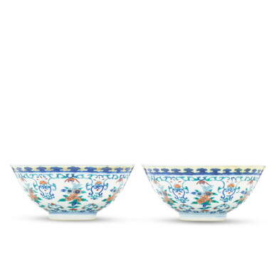 View full screen - View 1 of Lot 414. A pair of doucai 'floral' bowls, Seal marks and period of Daoguang 清道光 鬪彩折技花卉紋盌一對 《大清道光年製》款.