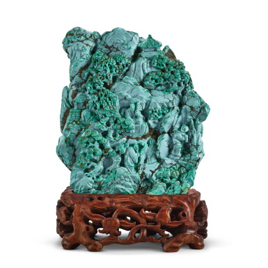 View full screen - View 1 of Lot 3002. A turquoise matrix mountain, Late Qing dynasty 清末 綠松石松蔭高士圖山子.