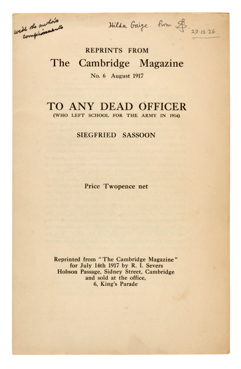 View full screen - View 1 of Lot 380. Siegfried Sassoon | To Any Dead Officer..., Cambridge, 1917, first separate edition, signed presentation copy.