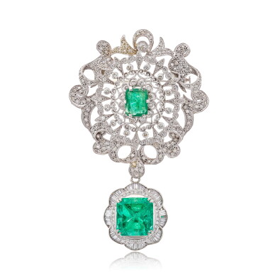 View full screen - View 1 of Lot 570. Emerald and Diamond Brooch | 祖母綠 配 鑽石 胸針.