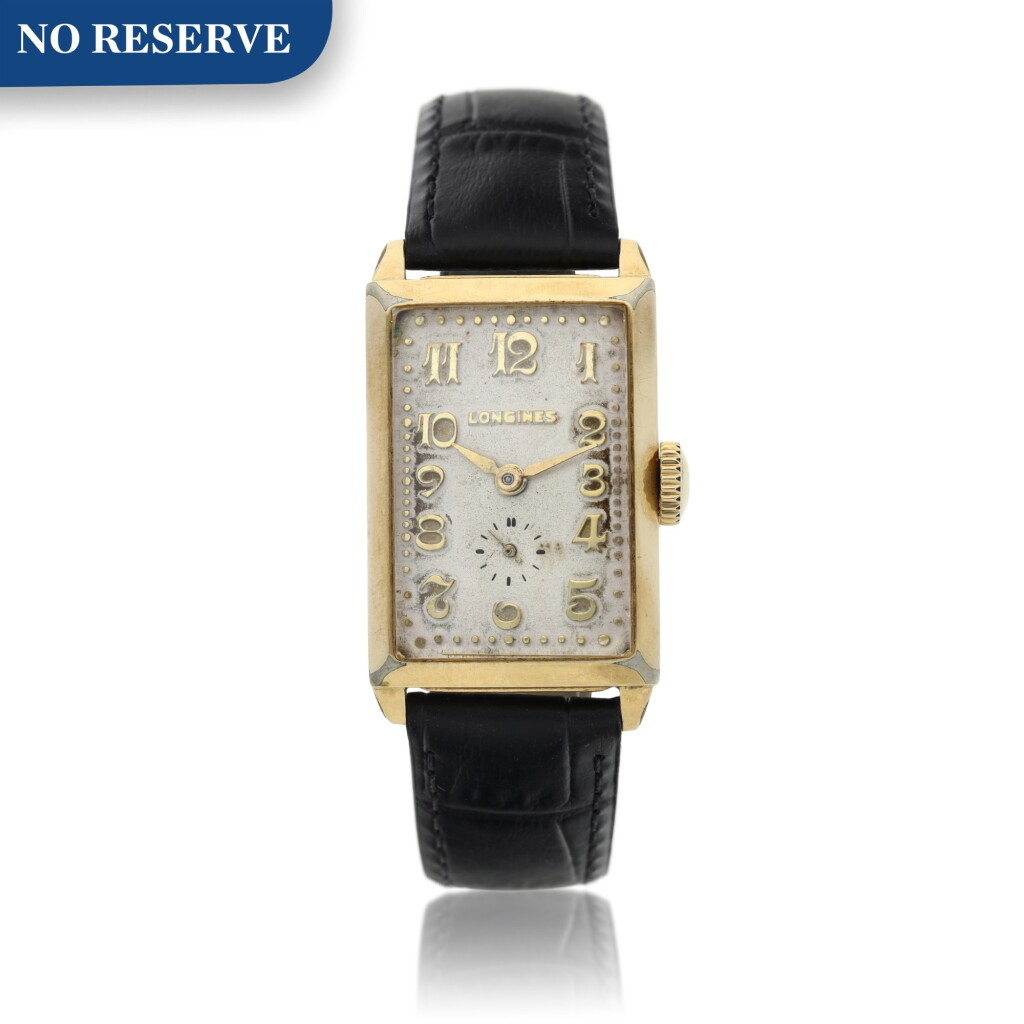View full screen - View 1 of Lot 144. A yellow gold rectangular wristwatch, Circa 1950 BTDQQ .
