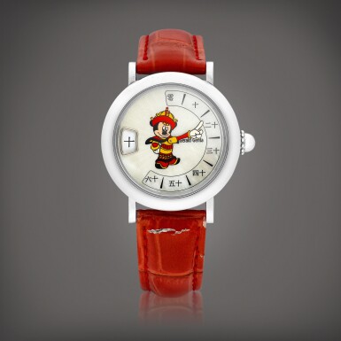 View full screen - View 1 of Lot 8643. Fantasy Retro Mickey Mouse, Reference M.10 | A limited edition stainless steel Chinese jumping hours wristwatch with Chinese retrograde minutes and mother-of-pearl dial, Made in collaboration with the Hong Kong Disneyland, Circa 2005 | Fantasy Retro Mickey Mouse 型號M.10 | 限量版精鋼中文跳時腕錶,備中文逆跳分鐘及珠母貝錶盤,與香港迪士尼樂園合製,約2005年製.
