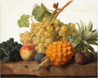 View full screen - View 1 of Lot 39. Still life with a pineapple, grapes, plums and a peach with a butterfly and fly, all upon a marble ledge.