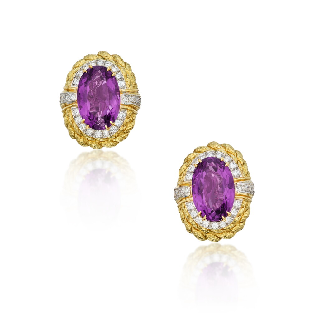 View full screen - View 1 of Lot 412. Pair of Gold, Amethyst and Diamond Earclips.