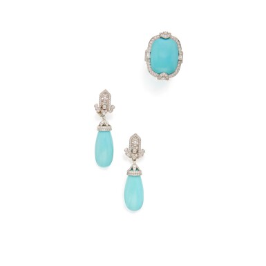 View full screen - View 1 of Lot 97. Turquoise and Diamond Ring and Pair of Earclips.