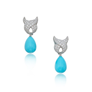 View full screen - View 1 of Lot 13. Pair of Turquoise and Diamond Pendant-Earclips.