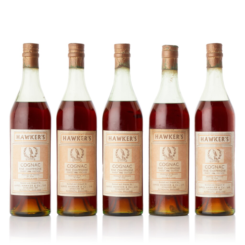 View full screen - View 1 of Lot 6769. Hawker's Fine Champagne Vintage Cognac 40.0 abv 1906 (5 BT70).