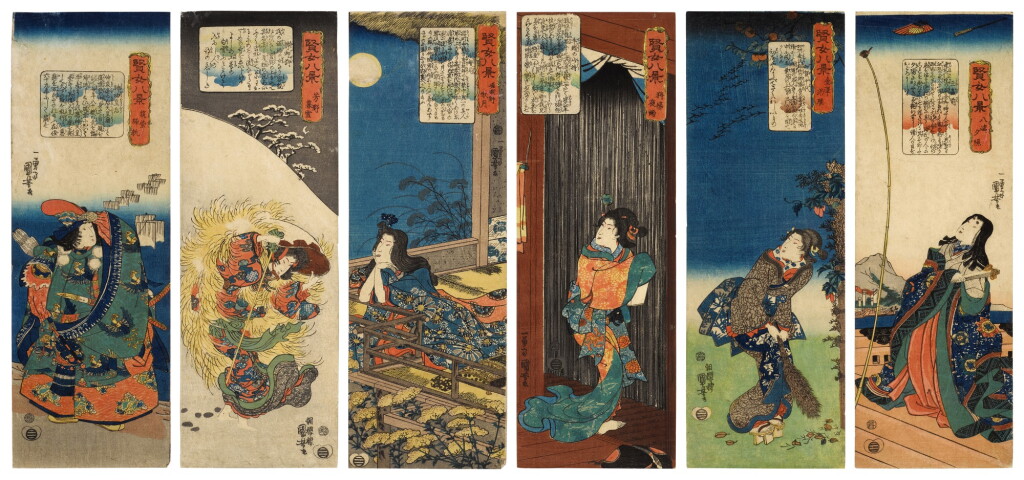 View full screen - View 1 of Lot 60. Utagawa Kuniyoshi (1797-1861) | Six woodblock prints from the series Virtuous Women for the Eight Views (Kenjo hakkei) | Edo period, 19th century.