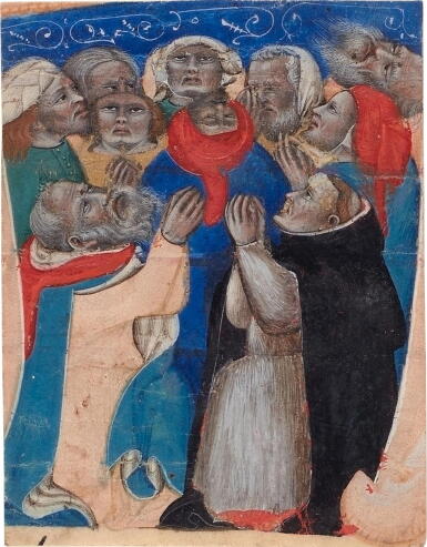View full screen - View 1 of Lot 10. An illuminated cutting showing a group of ten men at prayer, by Niccolò di Giacomo da Bologna, on vellum, (Italy, Bologna), c.1370.