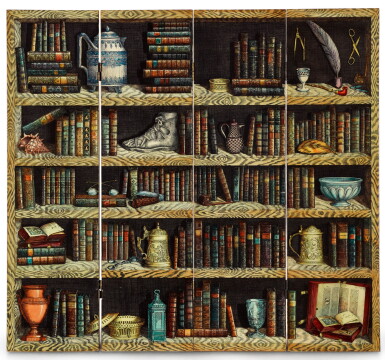 View full screen - View 1 of Lot 106. AN ITALIAN 'STRUMENTI MUSICALI' AND 'LIBRI' FOUR-FOLD SCREEN, BY PIERO FORNASETTI, DESIGNED CIRCA 1952-1954.