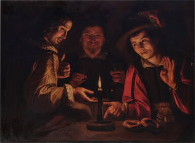 View full screen - View 1 of Lot 54. Trio Playing Games at a Table by Candlelight.
