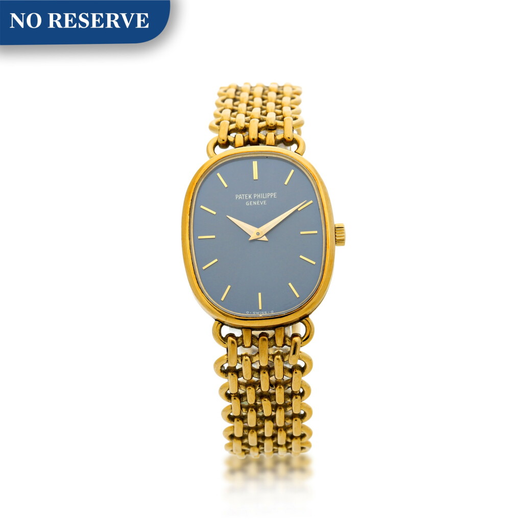 View full screen - View 1 of Lot 19. REFERENCE 4226 ELLIPSE A YELLOW GOLD OVAL BRACELET WATCH, MADE IN 1979.