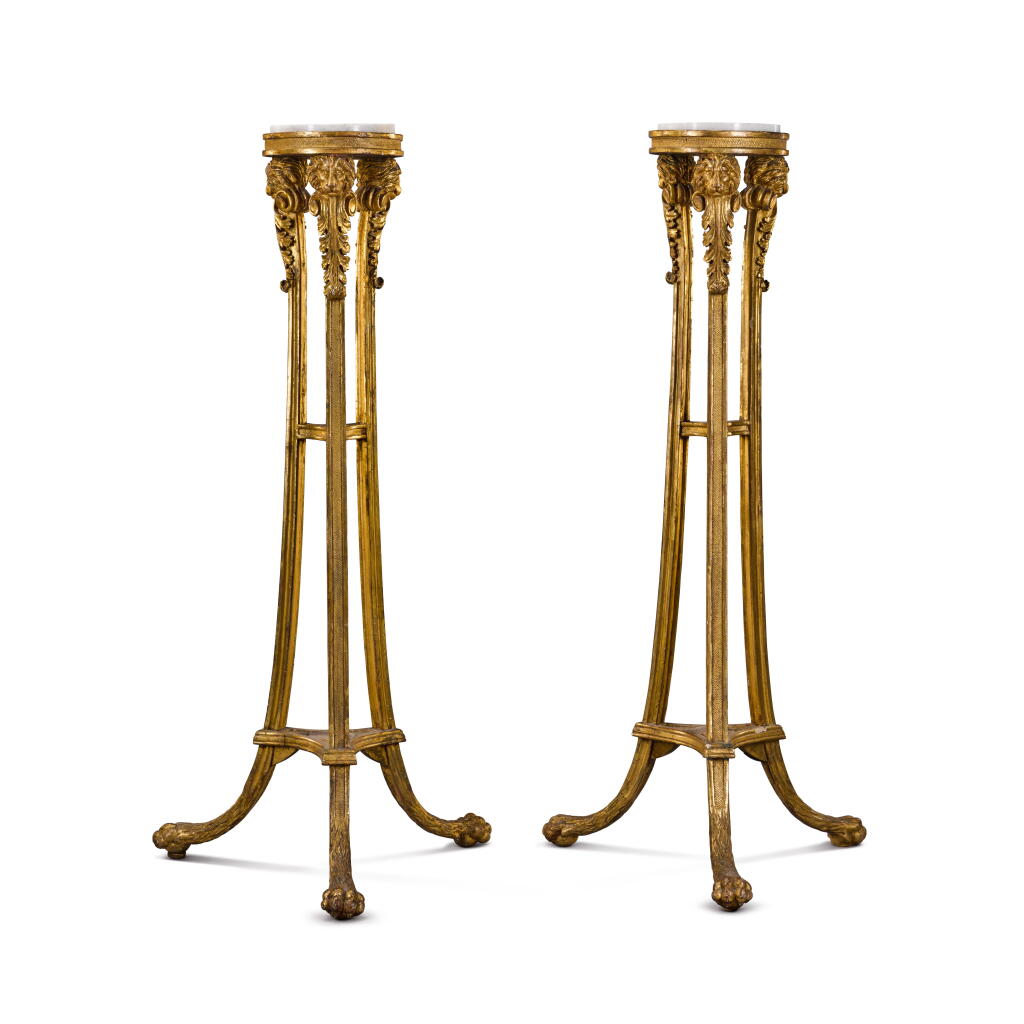 View full screen - View 1 of Lot 31. A pair of Regency carved giltwood torchères, first half 19th century.