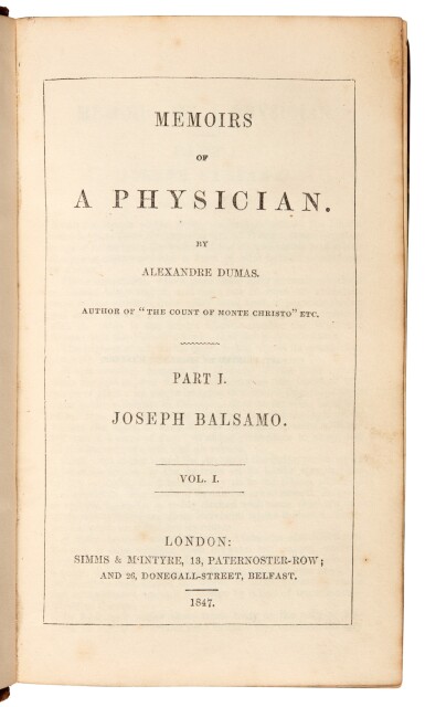 View full screen - View 1 of Lot 221. Dumas | Memoirs of a physician, London, 1847-1848, half calf.