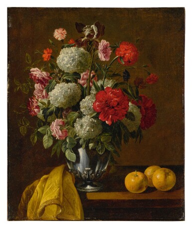 View full screen - View 1 of Lot 537. FOLLOWER OF JAN FYT | STILL LIFE OF FLOWERS IN A SILVER VASE.
