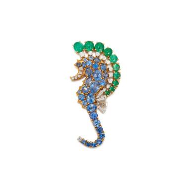 View full screen - View 1 of Lot 42. Sapphire, Emerald and Diamond 'Seahorse' Brooch.