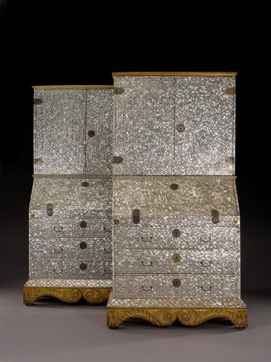 View full screen - View 1 of Lot 33. A pair of Spanish colonial silver-mounted parcel-gilt mother-of-pearl bureau-cabinets Vice royalty of Peru, Lima, second half 18th century.