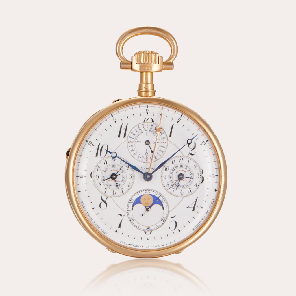View full screen - View 1 of Lot 116. A highly important astronomical chronometer rated precision watch with perpetual calendar, equation of time calculated for the Paris Meridian, sunrise/sunset indication and moon phases | Circa 1899 | No. 13784.