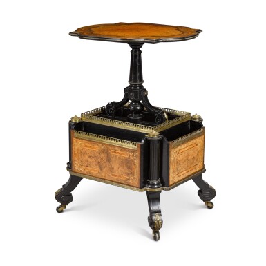 View full screen - View 1 of Lot 45. An unusual Victorian gilt-brass mounted marquetry and ebonised table with integral folio stand, circa 1880, in the manner of Holland & Son.
