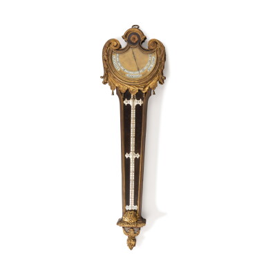 View full screen - View 1 of Lot 151. A Louis XIV style gilt-bronze mounted tortoise-shell and ebony veneered barometer and thermometer, 19th century, after a model by André-Charles Boulle.