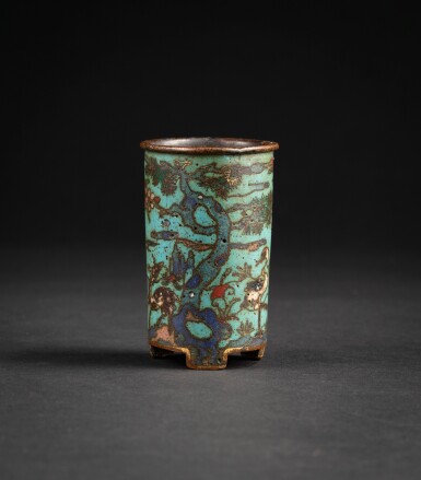 View full screen - View 1 of Lot 182. A rare small gilt-bronze and cloisonné enamels 'three friends' brushpot Ming dynasty, 16th-17th century | 明十六至十七世紀 掐絲琺瑯歲寒三友紋小筆筒.