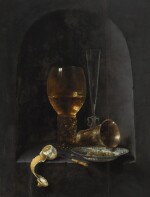 A still life with a roemer, a façon de Venise fluted wine glass, a silver beaker and a blue and white porcelain dish filled with green olives on a stone ledge with a partly peeled lemon and a knife