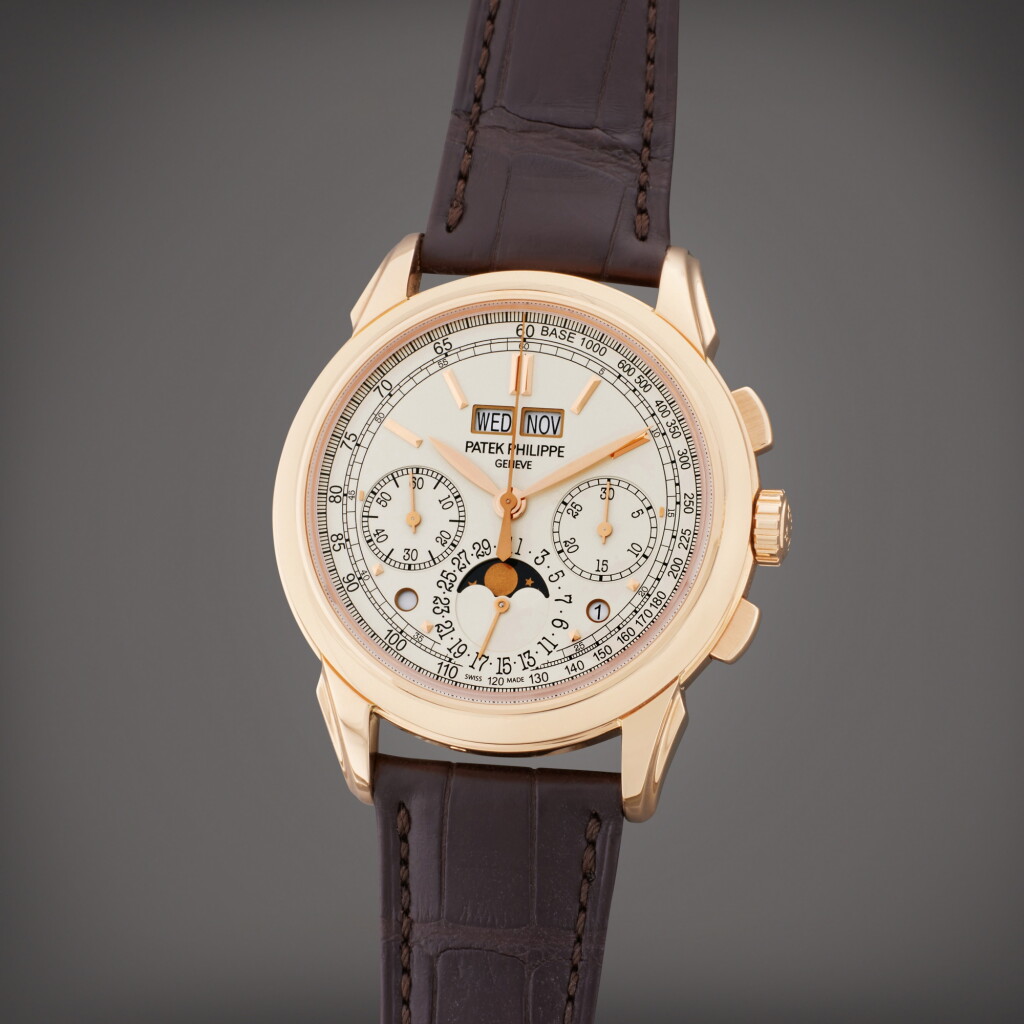 View full screen - View 1 of Lot 365. Reference 5270R-001 | A pink gold perpetual calendar wristwatch with moon phases, day/night function, and leap year indication, Circa 2021.