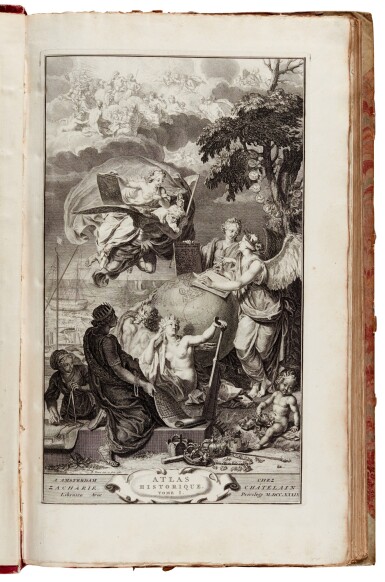 View full screen - View 1 of Lot 65. Henri Abraham Chatelain | Atlas historique, Amsterdam, 1739, 7 volumes, half calf over marbled boards.