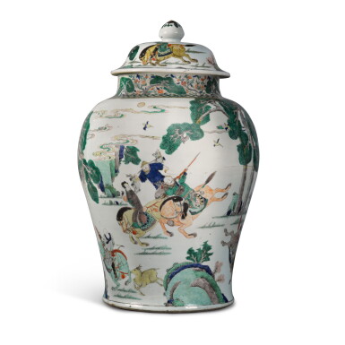 View full screen - View 1 of Lot 230. A Large Chinese Famille-Verte Baluster Jar and Cover, Qing Dynasty, Kangxi Period | 清康熙 五彩人物故事圖大蓋罐.