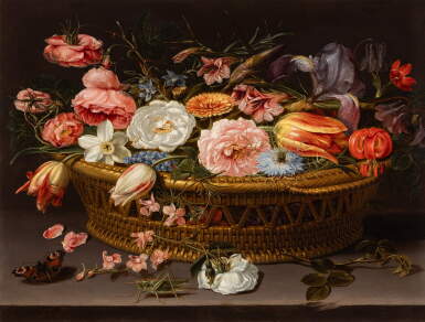 View full screen - View 1 of Lot 26. Still life of roses, carnations, tulips, narcissi, irises, love-in-a-mist, larkspur, and other flowers, in a wicker basket, with a butterfly and a cricket.