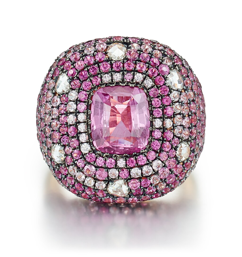 View full screen - View 1 of Lot 9119. PINK SAPPHIRE AND DIAMOND RING, MICHAEL YOUSSOUFIAN | 粉紅色剛玉 配 鑚石 戒指, Michael Youssoufian.