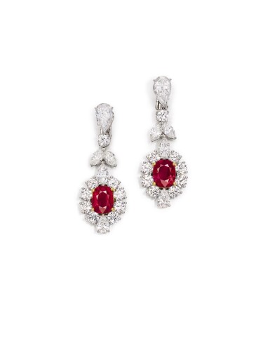 View full screen - View 1 of Lot 1697. Pair of Ruby and Diamond Pendent Earrings | 5.24 及 5.05克拉 天然「緬甸鴿血紅」紅寶石 配 鑽石 耳墜一對.