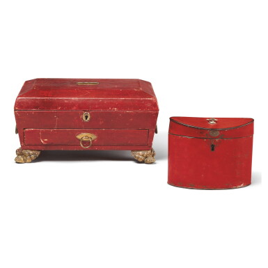 View full screen - View 1 of Lot 66. A REGENCY RED LEATHER AND GILT BRONZE-MOUNTED JEWEL BOX, TOGETHER WITH AN OVAL RED PAINTED TOLE TEA CADDY, 19TH CENTURY.