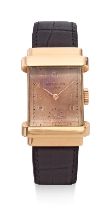View full screen - View 1 of Lot 8107. PATEK PHILIPPE | REF 1450 'TOP HAT,' A PINK GOLD RECTANGULAR WRISTWATCH, CIRCA 1945.