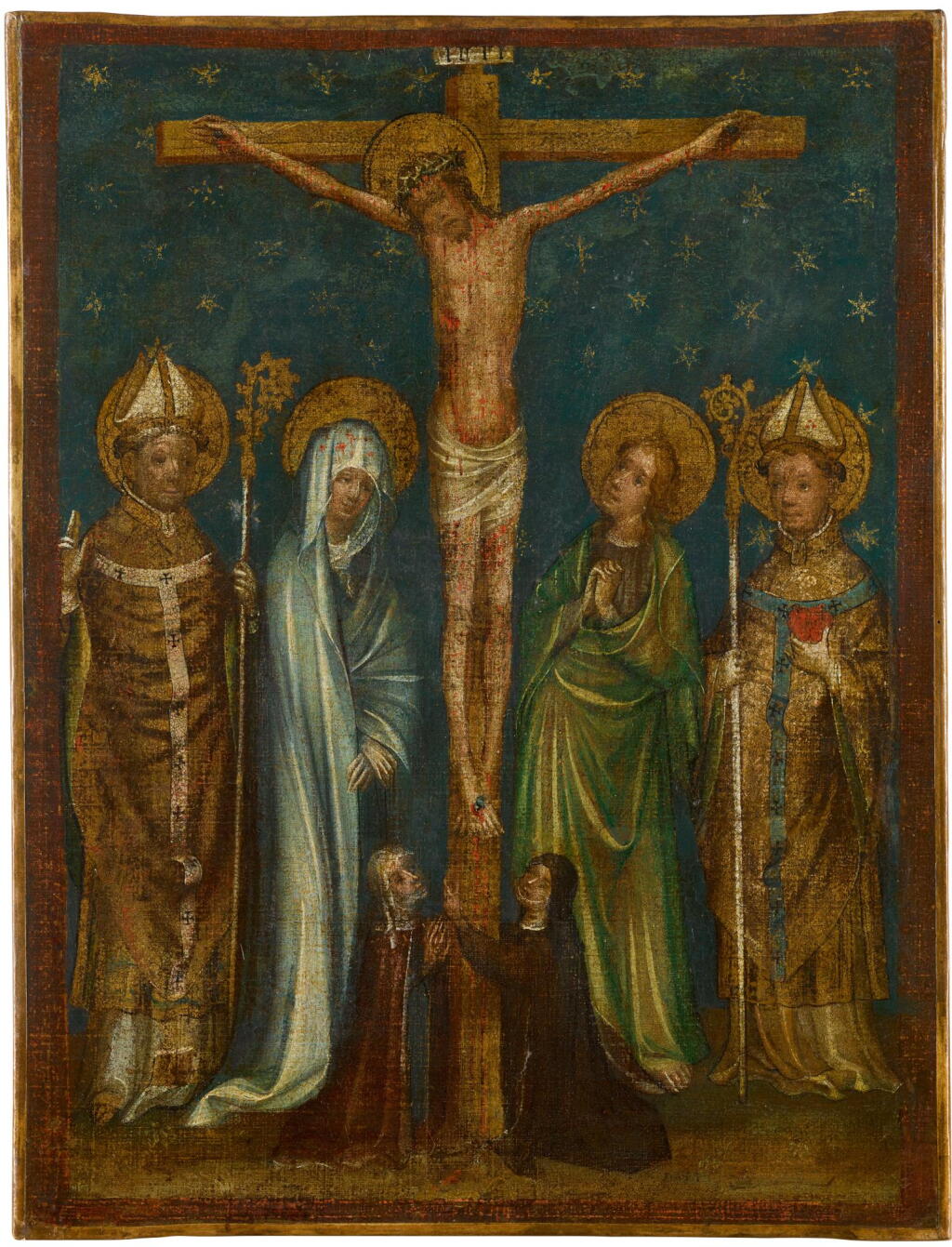 View full screen - View 1 of Lot 23. MASTER OF THE LITTLE COLOGNE PASSION | The Crucifixion, with the Virgin, Saint John the Evangelist, Saint Augustine, a bishop, and two nuns.