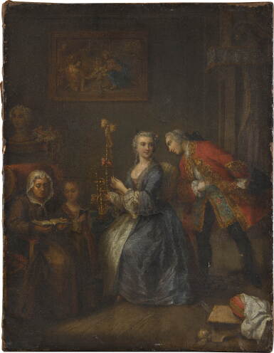 View full screen - View 1 of Lot 94. Elegant company with a young woman spinning in an interior.
