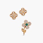 Pair of Diamond 'Vintage Alhambra' Earclips and Emerald and Diamond 'Trèfle' Brooch | 梵克雅寶 | 鑽石 'Vintage Alhambra' 耳夾一對 及 祖母綠 配 鑽石 'Trèfle' 胸針