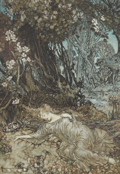 View full screen - View 1 of Lot 4. Arthur Rackham | Original illustration for A Midsummer Night's Dream (Titania lying asleep), 1908.