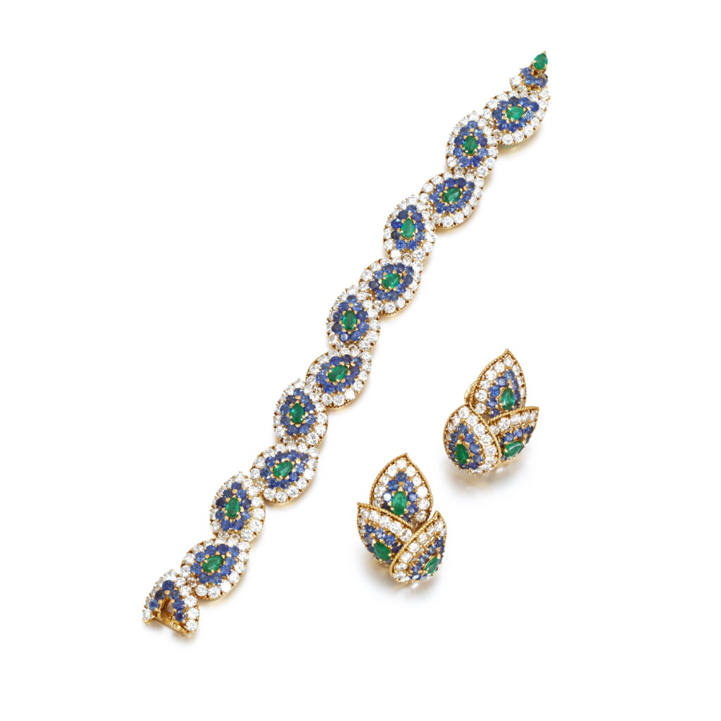 View full screen - View 1 of Lot 785. Emerald, sapphire and diamond demi-parure, 1960s.