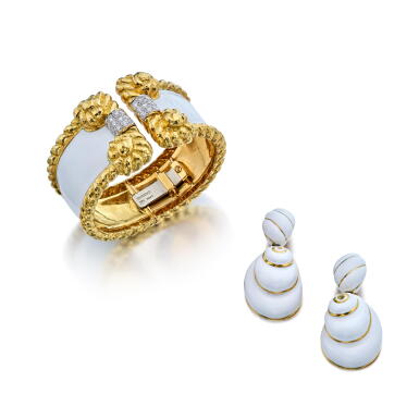 View full screen - View 1 of Lot 163. Gold, Enamel and Diamond Cuff-Bracelet and Pair of Gold and Enamel Pendant-Earclips.