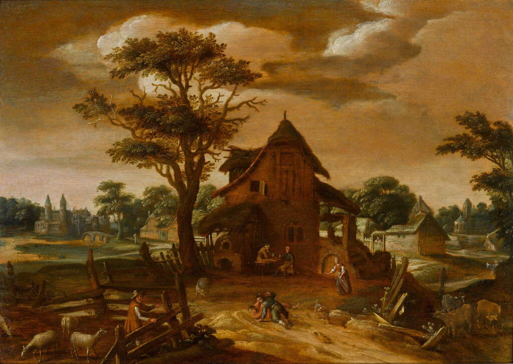 View full screen - View 1 of Lot 28. A landscape with figures and animals by farm buildings.