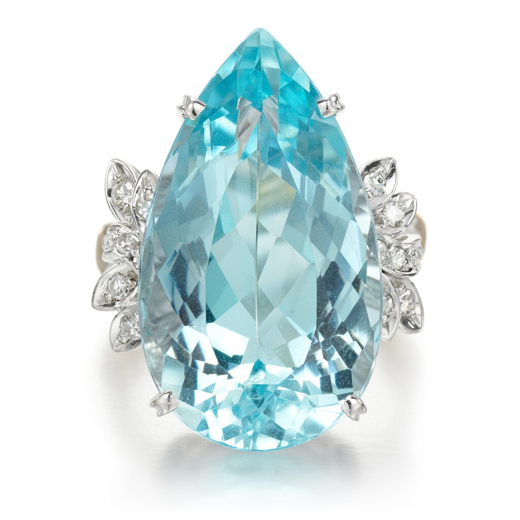 View full screen - View 1 of Lot 56. Aquamarine and diamond ring.